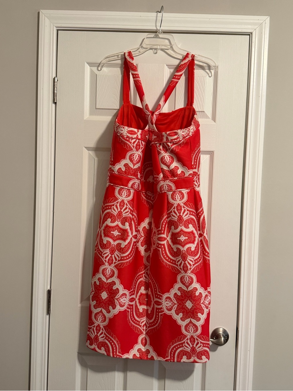 Adrianna Papell Red and White Midi Dress with Ornate Print - Picture 2 of 4